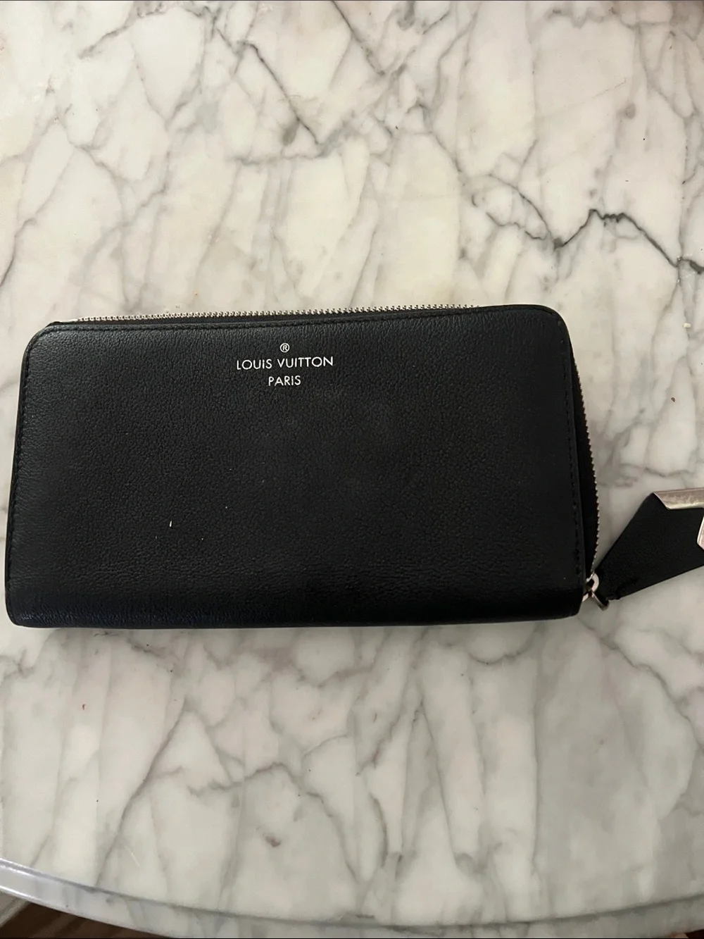 Louis Vuitton Black Leather Zip-Around Wallet with Silver Hardware